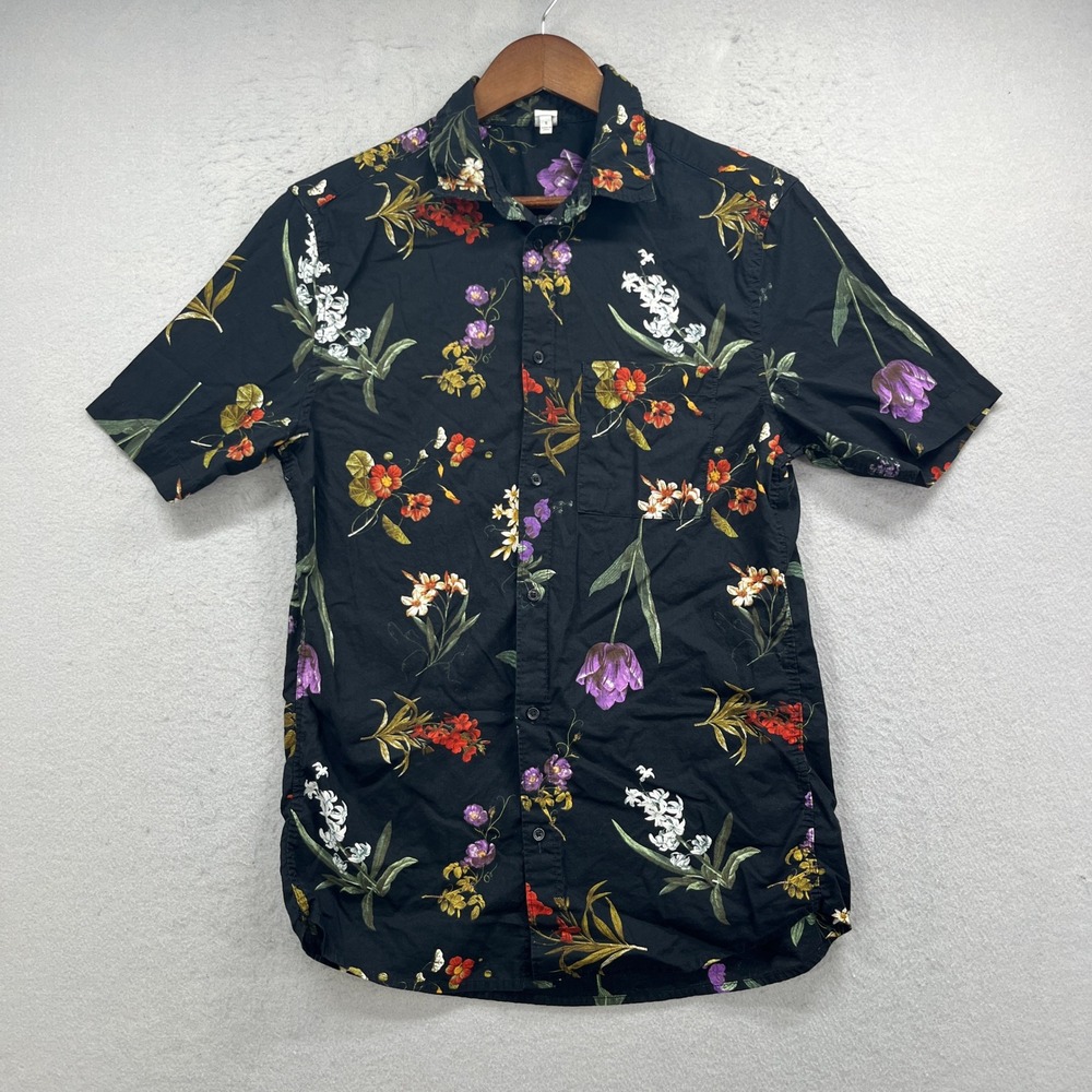 True Craft Hawaiian Shirt Mens Small Black Floral Short Sleeve Tropical Coastal
